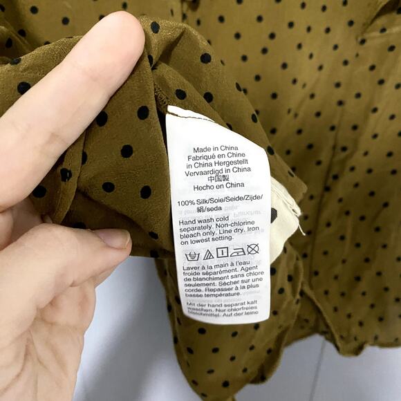 Madewell Silk Carmelina Olive Green Polka Dot Flutter-Sleeve Washable Top 6 - Picture 4 of 9